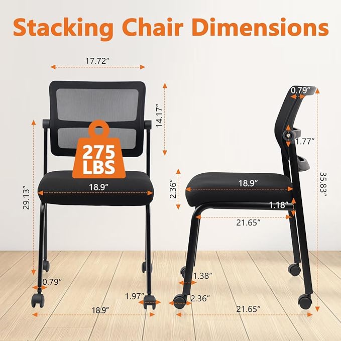 CLATINA 4PK Mesh Stacking Office Desk Chairs with Wheels, Portable Stackable Bulk Waiting Room Armless Chair with Adjustable Back & Fabric Seat for Guest Lobby Side School Church Conference Break