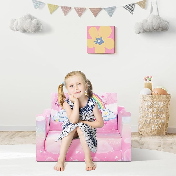 alldomess Comfy Kids Couch, 2-in-1 Folding Kids Sofa Bed for Toddler Girls, Convertible Sofa to Lounger Toddler Couch Chair for Baby Bedroom Playroom Nursery,Unicorn Rainbow