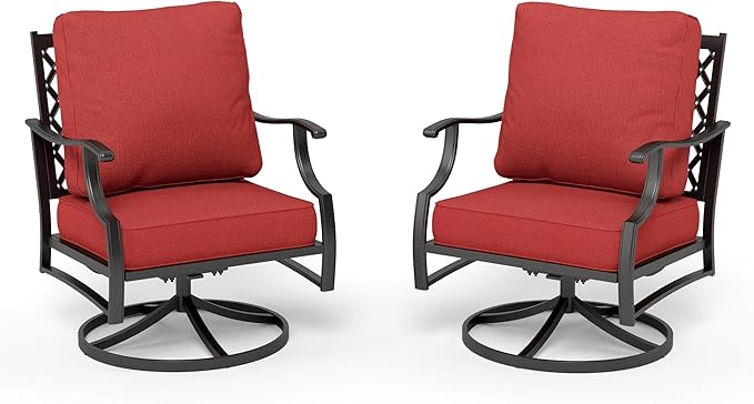 HERA'S HOUSE Outdoor Chairs Set of 2, 2 x Patio Chair with Red Cushions, All Weather Outdoor Furniture for Lawn Garden Backyard Deck(Swivel Chairs)
