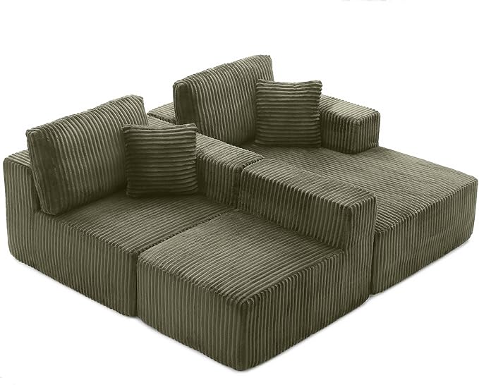 Modular Sectional Sofa Cloud Sectional Couch, 107" Comfy Fluffy L Shaped Olive Green Couches for Living Room, Deep Seat Memory Foam Plush Corduroy Boneless Couch Sectionals Right Facing Chaise Sofa