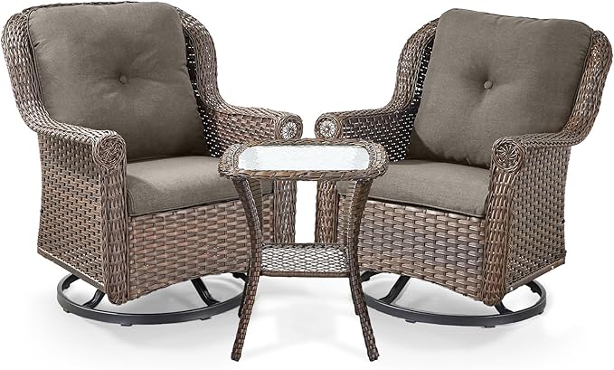 ACTREST 3 Piece Patio Swivel Chairs and Side Table Set - High Back Outdoor Brown Wicker Rattan Rocking Glider with Thick Cushions for Porch Apartment Deck Yard Poolside Garden - Grey