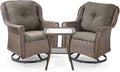 ACTREST 3 Piece Patio Swivel Chairs and Side Table Set - High Back Outdoor Brown Wicker Rattan Rocking Glider with Thick Cushions for Porch Apartment Deck Yard Poolside Garden - Grey