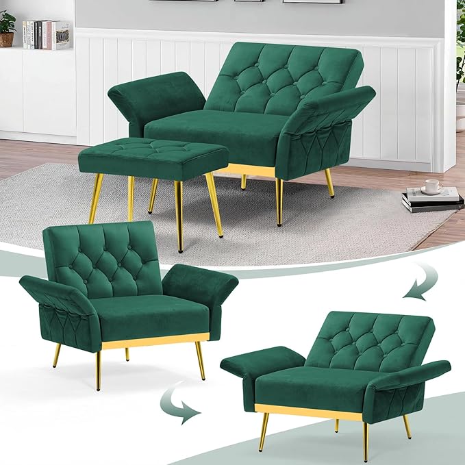 ACMEASE Velvet Accent Chair w/Adjustable Armrests and Backrests, Tufted Single Armchair w/Ottoman, Upholstered Reading Chiar for Living Room, Apartment, Bedroom, Green