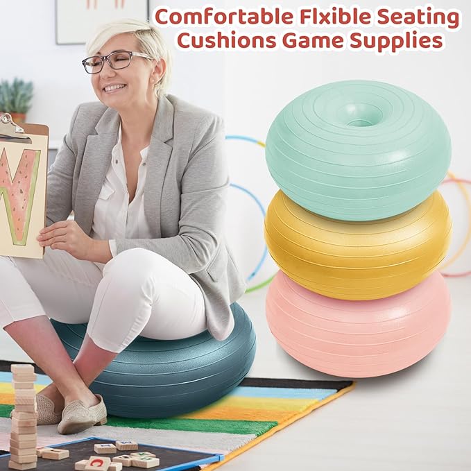 Lewtemi 4 Pcs Flexible Seating for Classroom Elementary 20 Inch Yoga Ball Chair Inflatable Donut Ball Chair with Inflator for Kids Student Sensory Balance Office Exercise