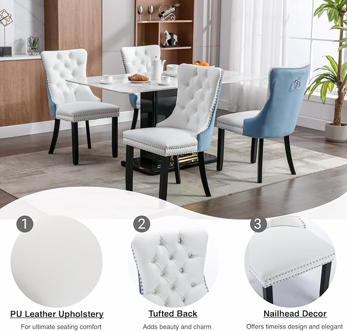 YeahFurn Modern Dining Chairs Set of 4, Tufted Upholstered Dining Room Chairs with Nailhead, PU Leather Front & Velvet Back, Solid Wood Legs, Kitchen Chairs, Sillas de Comedor (White & Light Blue)