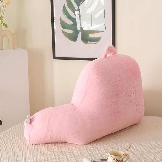 PAJEO Reading Pillow for Sitting in Bed, Large Backrest Reading Pillow with Arm Rest,Back-Rest Support Cushion for Sit Up on Couch, Sofa, and Floor, Dorm Essentials (Pink Faux Fur, Standard(17"))