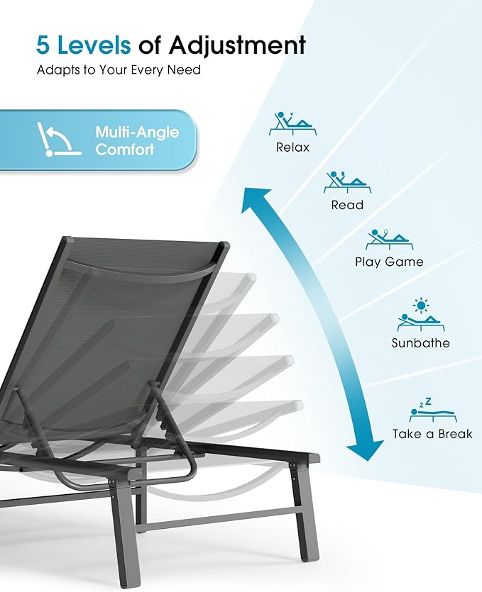 Ciokea Aluminum Outdoor Lounge Chair Set of 2- No Assembly Needed, Foldable Patio Chaise Lounge with 5 Adjustable Positions, Reinforced Frame for Extra Durability, Pool Beach Lounge Chair,Grey