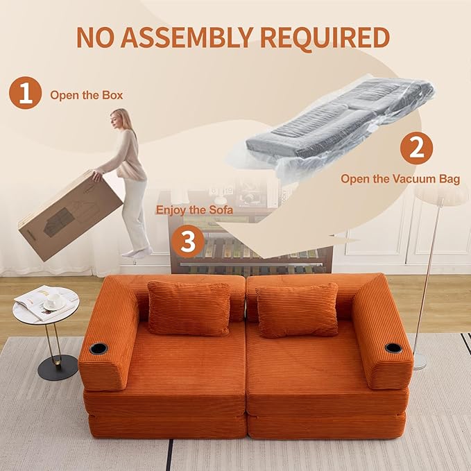 78" Loveseat Sleeper Sofa, 4 in 1 Convertible Floor Sofa Bed, Boneless Cloud Couch with Cup Holder, Fold Out Floor Couch for Living Room Bedroom Lounge, Corduroy, Orange
