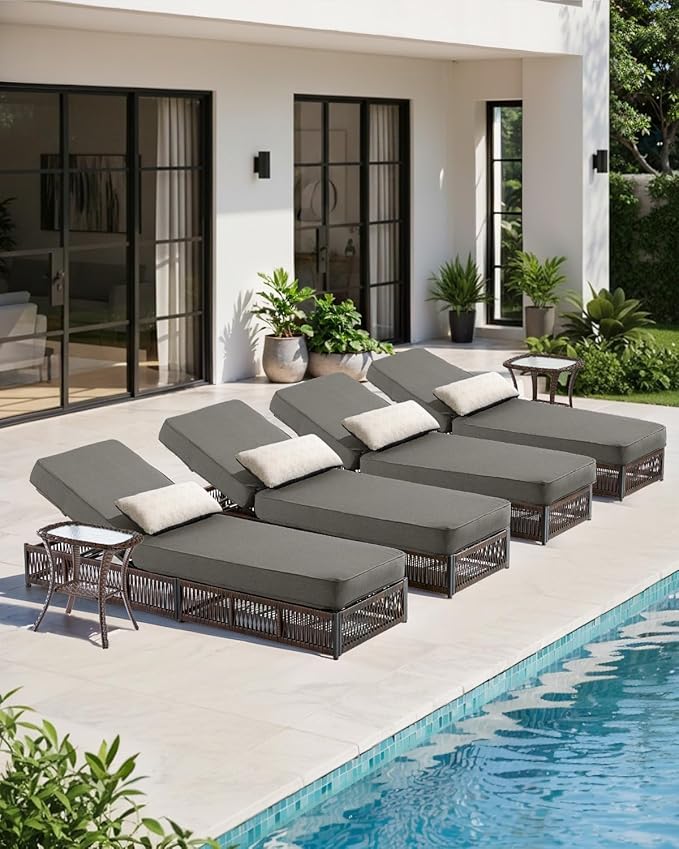 ACTREST Luxury Outdoor Chaise Lounges with 5 Inch Thickened Cushions - Set of 4 High Back Brown Wicker Patio Recliners Rattan Reclining Chairs Porch Poolside Pool Sunbathing Lounger- Grey