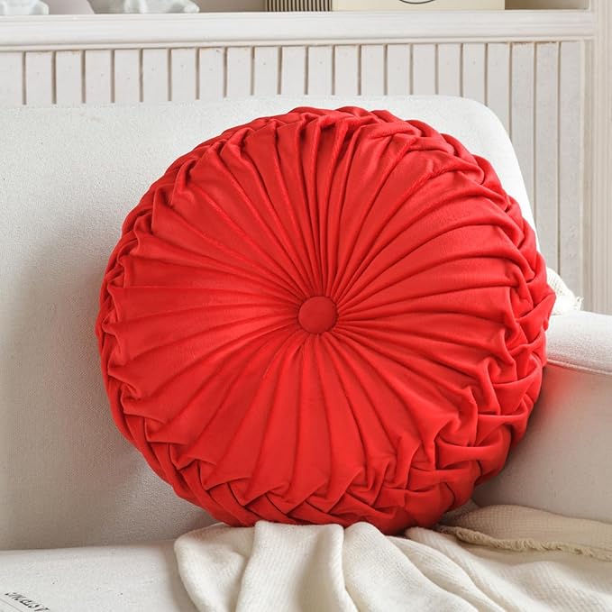 Teieas 2 Pcs Round Throw Pillows Decorative Pumpkin Velvet Boho Pleated Bed Pillows Back Support for Couch Chair Dorm Car 14.96'' (Red)
