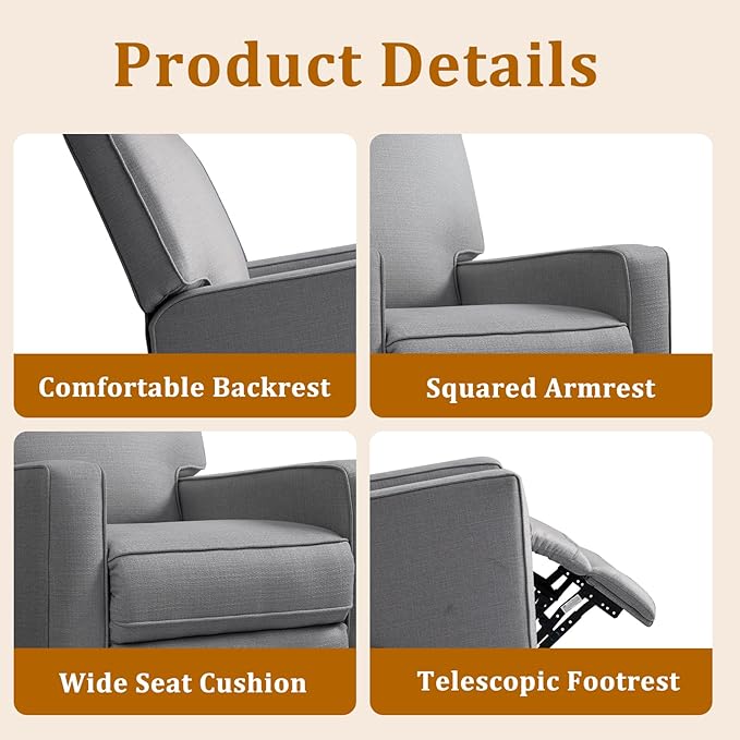 KeyEnergy Swivel Rocker Recliner Chair for Adults, High Back Fabric Recliner with Deep Seat, Manual Glider for Living Room & Nursery, Charcoal