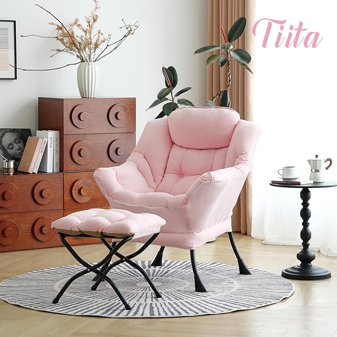 Tiita Lazy Chair with Ottoman, Pink Chair Modern Large Accent Lounge Armchair, Comfy Leisure Sofa Reading Chair with Footrest for Bedroom, Living Room, Dorm Rooms, Garden and Courtyard, Pink
