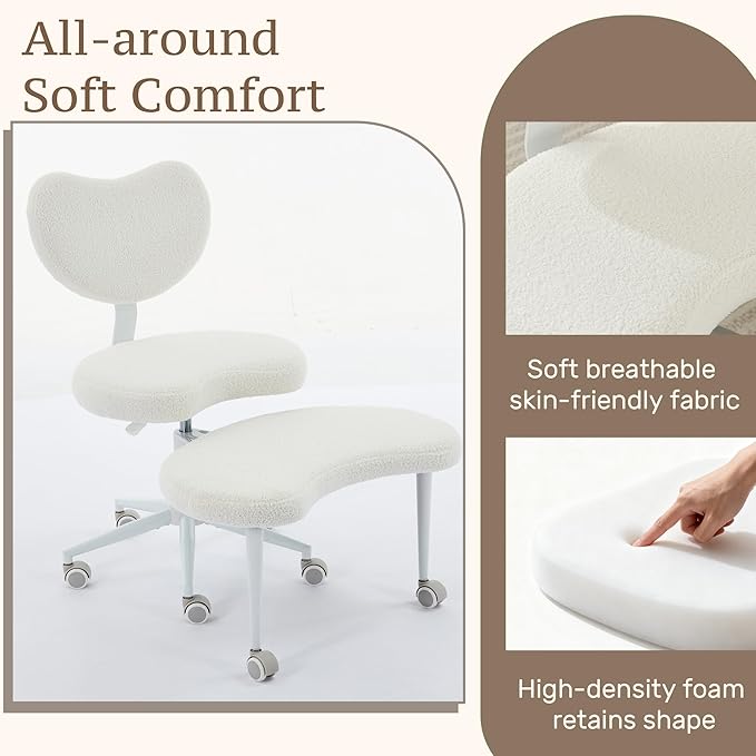 Ergonomic Cross Legged Chair, Meditation Chair Plus with Wheels for ADHD/Fidgety Sitters, Height Adjustable & Lumbar Support, Teddy Fabric, Ivory Home Office Furniture