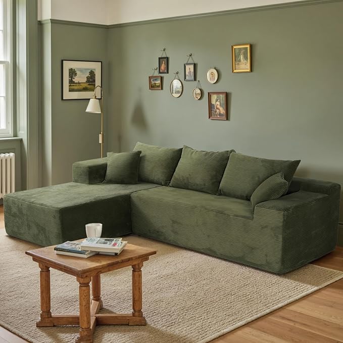 Sectional Cloud Boneless Couch for Living Room Bedroom, Comfy Modern L Shaped Modular Sofa with Left Facing Chaise, Deep Seat Memory Foam Couch in Box, No Assembly (Fine Striped Corduroy, Green)
