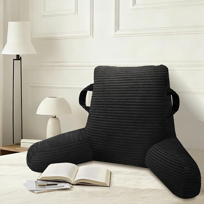 ABROLOY Reading Pillow for Sitting in Bed Adult, Bed Reading Pillow with Shredded Memory Foam, Back Pillow for Sitting with Arms and Pockets, Black