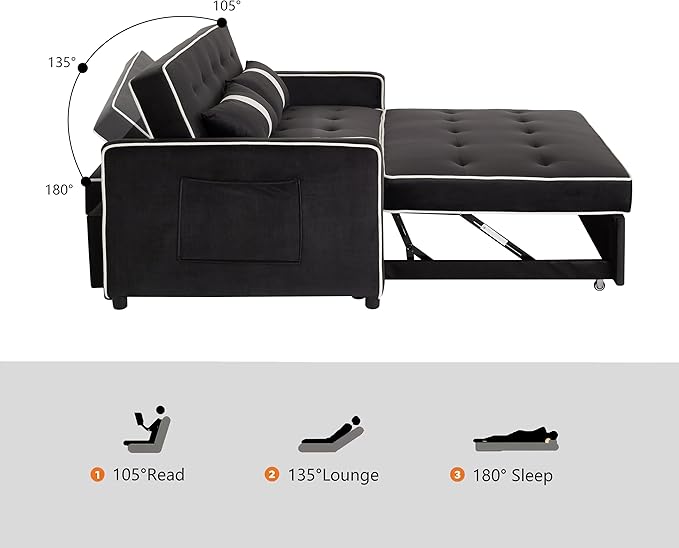 3 in 1 Convertible Loveseat Sleeper Sofa, Modern Futon Couch with Adjustable Backrest, Pull Out Sofa Bed Upholstered for Living Room Bedroom Apartment Small Space (Black)