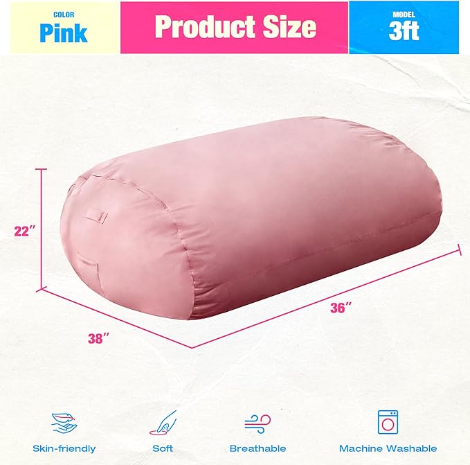 Hobestluk 3FT Bean Bag Chair Large Beanbag with Removable Cover Adult Bean Bag Chair with Portable Handle Desgin for Living Room Bedroom (Pink, 3FT)