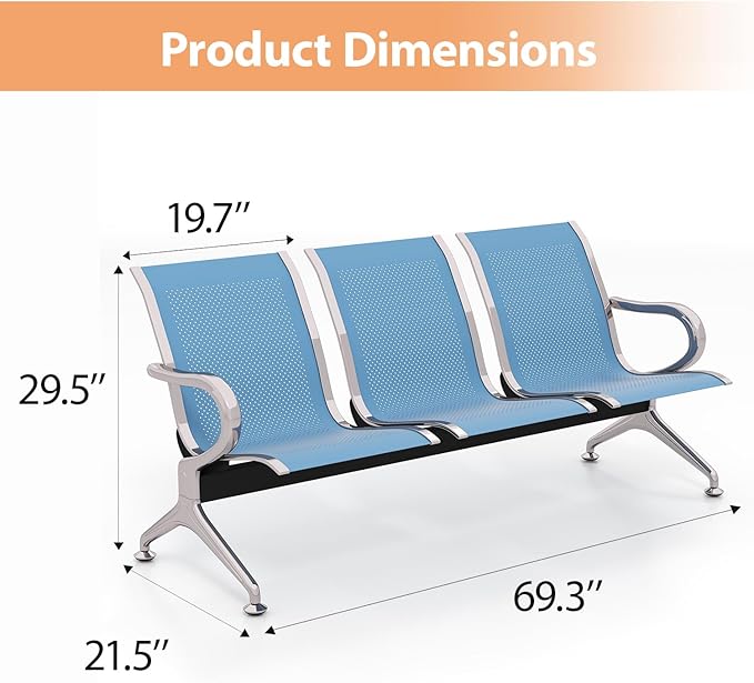 Kinfant 3-Seat Waiting Room Chair - Office Guest Reception Chairs with Ergonomic Backrests, Airport Waiting Bench with Armrests, Metal Waiting Furniture for Hospital, Bank, Salon, Blue