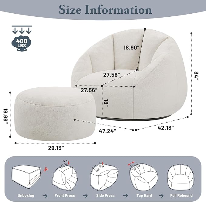 Swivel Giant Bean Bag Chair for Adults with Ottoman - Comfy Plush Round Shell Soft Accent Chaise Lounge Indoor Chair, Oversized Cozy Floor Sofa for Living Room, Bedroom & Game Rooms, Beige