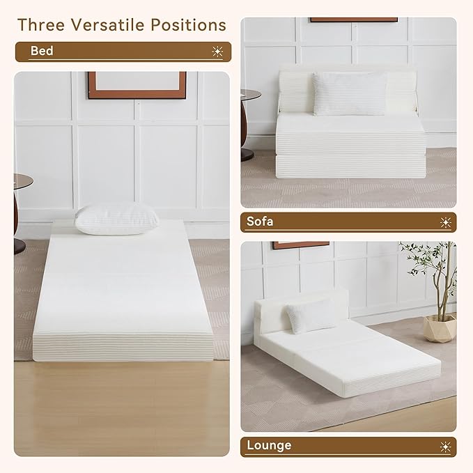 Folding Sofa Bed Convertible Floor Couch Foldable Chair Bed with Pillow，Linen Sleeper Chair Futon,Foldable Memory Foam Mattress for Bedroom/Living Room/Dorm/Office (Corduroy White, Standard)