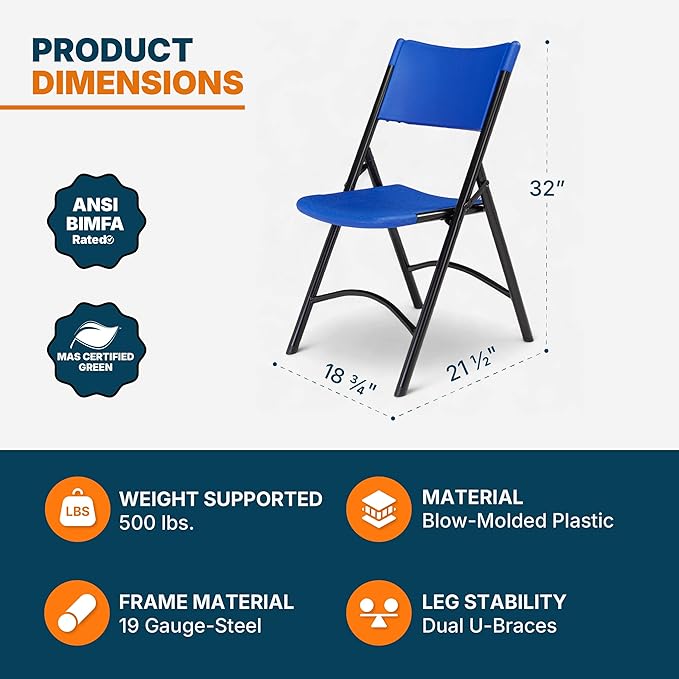 OEF Furnishings OEF600 Series High Back Folding Chairs, Blow-Molded Polyethylene Commercial-Grade Seating for Indoor and Outdoor Use, 500 lb Weight Capacity, 4-Pack (Blue)
