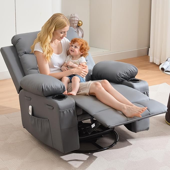 Leather Recliner Chair Nursery, Oversized Manual Reclining Rocking Chair, 360 Swivel Glider with Cup Holder, Massage and Heat Recliner, Indoor Small Single Sofa Chairs for Adults, RV, Bedroom, Gray