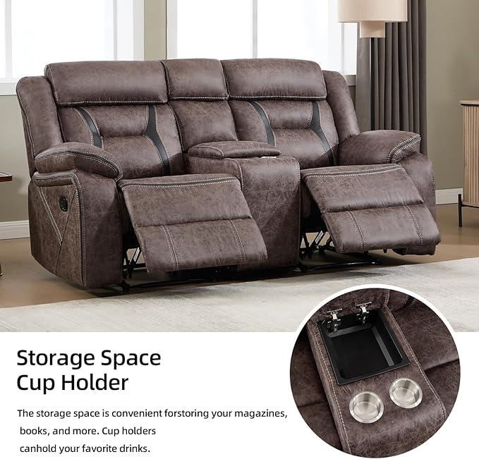 EBELLO Faux Leather Manual Loveseat Recliner, 2 Seat Reclining Sofa Chair with Center Console, Hidden Storage and Cup Holders, Daul Recliner for Living Room, Meeting Room, Grey (Loveseat)