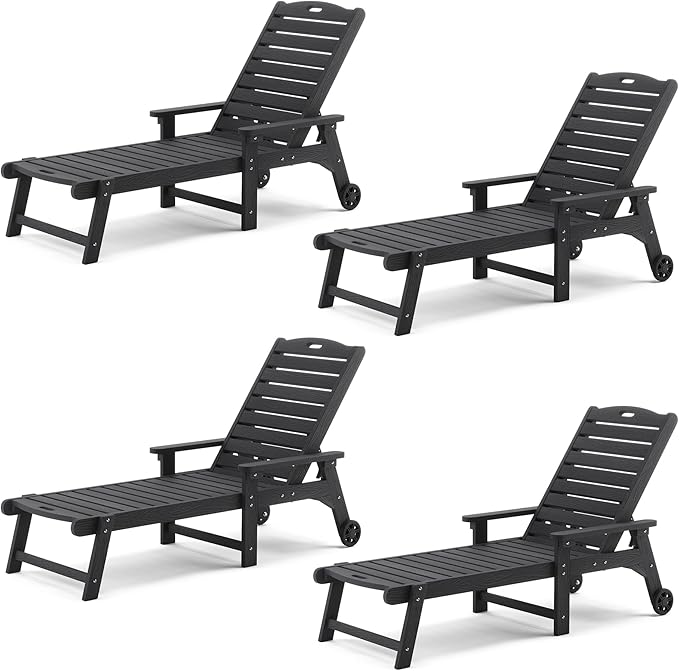 LUE BONA Outdoor Chaise Lounge Chairs Set of 4, HDPS Chaise Lounger, 5 Positions Adjustable Lounge Chairs, Pool Lounge Chair with Wheels for Poolside, Black