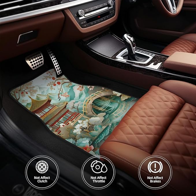 Artistic Fabric Car Floor Mats-Non-Slip Rubber Backing,Asian Palace,Front (26.8x17.3in) & Rear (13x17.3in) Set-Water Absorbing, Durable Automotive Floor Liners with Stylish Patterns