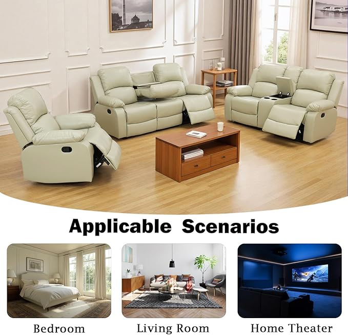 Caberryne Leather Recliner Sofa Set，Leather Reclining Couch for Living Room Furniture Sets，Beige Recliner Couch with 5 Recliners for Living Room/Office/Theater Seating(Sofa Set 3 Pieces)