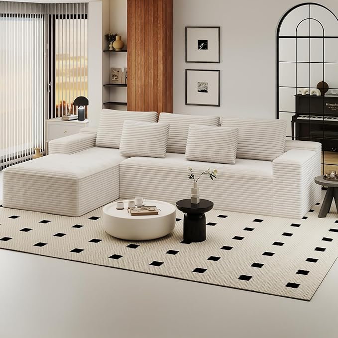 KAPEETOO Cloud Modular Sectional Sofa with Chaise Longue, Giant L Shaped Sectional Couch with Deep Seat, Oversize 3-Seater Boneless Couch for Living Room Bedroom Left Facing Chaise (White)