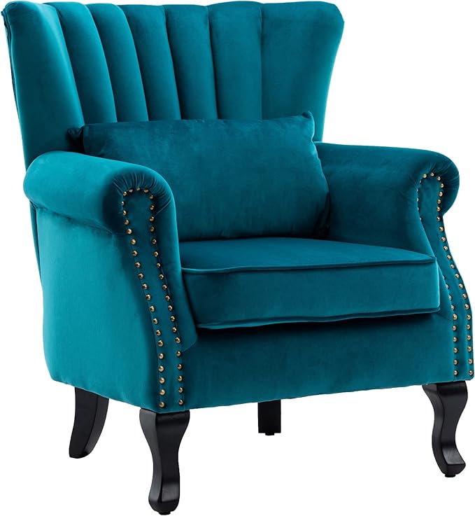 DM Furniture Velvet Accent Chairs Set of 2 with Arm Comfy Living Room Chair Mid-Century Modern Wingback Side Chair Single Sofa Couch for Bedroom Guest Room, Teal Blue