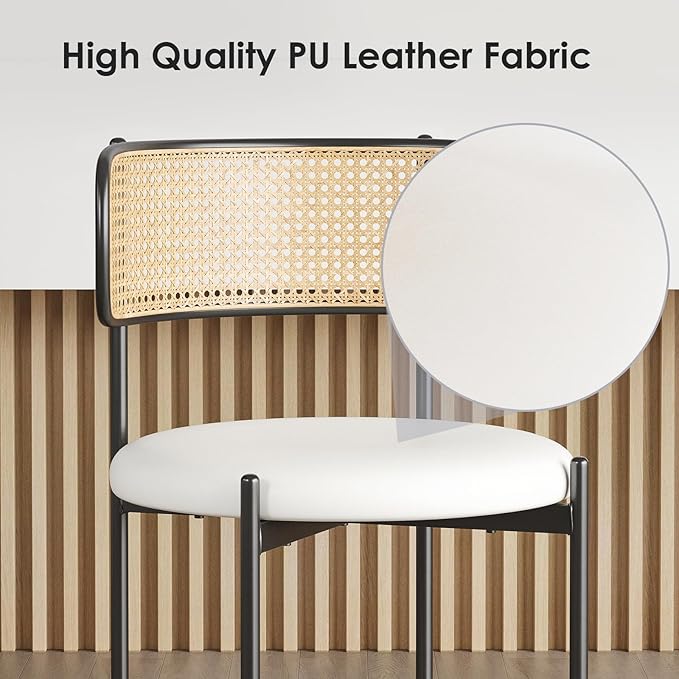 Farini Dining Chairs Set of 2, PU Leather Upholstered Seat with Woven Rattan Back, Sturdy Metal Legs Modern Side Chairs for Kitchen Living Room Restaurant, Beige