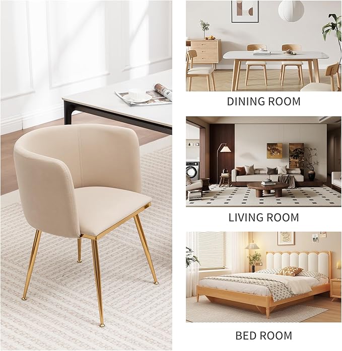 Canxkun Velvet Dining Chairs Set of 4, Barrel Dining Chairs with Gold Metal Legs, Modern Upholstered Dining Room Chair for Dining Room, Kitchen, Vanity (Beige)