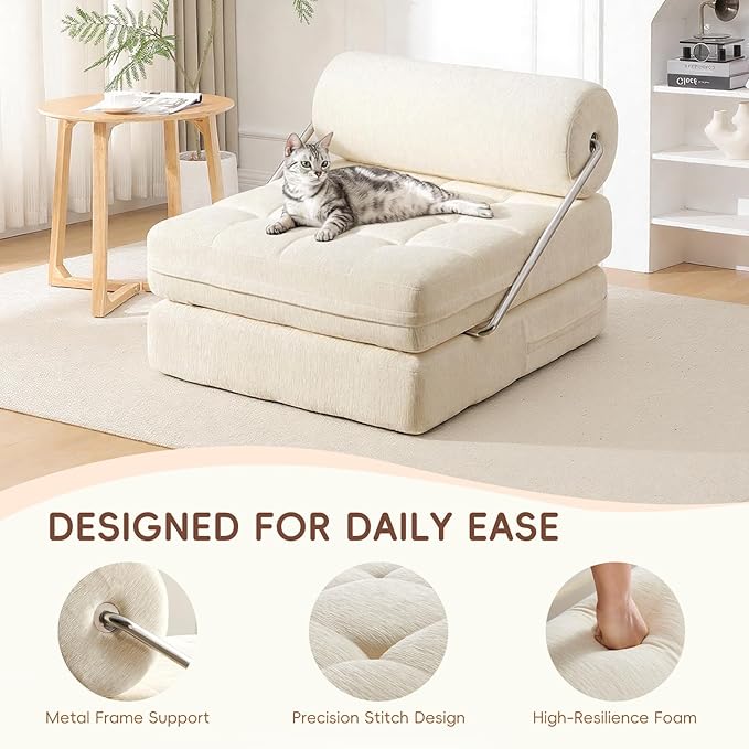 4-in-1 Folding Sofa Bed, Easy Assembly Chenille Boneless Couch, Convertible Sleeper Chair with Back Support, Small Floor Futon Sofa for Living Room & Bedroom, Single(Beige)