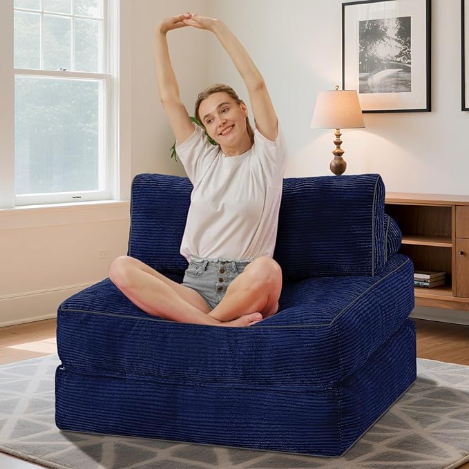 HABUTWAY Folding Sofa Bed, Convertible Sleeper Chair Bed w/Dual-Pillow & Handle, Foldable Floor Sofa Lounge w/Back Support for Living Room, Bedroom, Apartment, Office, Single, Navy Blue
