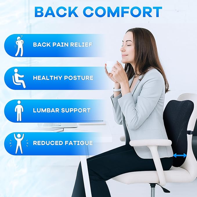 Gel-Infused Seat Cushion & Memory Foam Lumbar Pillow Set,Non-Slip Bottom，Breathable Mesh Cover，Portable Handle - Ergonomic Support for Office Chair Cushion, Car Seat Cushion and Wheelchair，Black
