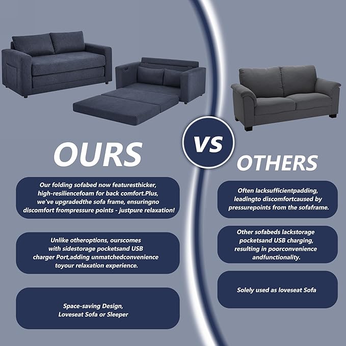 Chorlenimi Convertible Sofa Bed Comfy Linen Sleeper Sofa with Storage Pockets,USB Charging Port,Futon Floor Couch for Living Room,Bedroom,Apartment (Blue, 48 Inches)