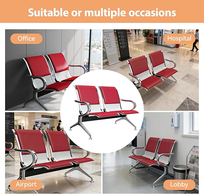 Kinfant 4-Seat Waiting Room Chairs with Arms – Heavy-Duty Steel Frame PU Leather Back & Cushioned Seat, Ergonomic Office Reception Guest Chair for Lobby, Clinic, Airport, Red