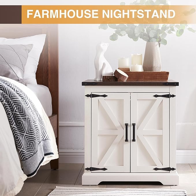 Barnyatoh Farmhouse End Table with Charging Station,24" Large Sofa Side Table with Barn Door, Rustic Wood Square Nightstand Bedside Table with Adjustable Shelf for Living Room, Bedroom,Antique White