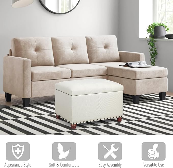 Joveco Storage Ottoman Linen Button Tufted Bench with Rivet, Rectangular Footrest Stool Coffee Table Seat for Living Room Bedroom, Off White