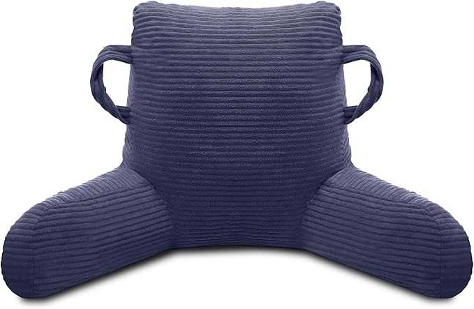 ABROLOY Reading Pillow for Sitting in Bed Adult, Bed Reading Pillow with Shredded Memory Foam, Back Pillow for Sitting with Arms and Pockets, Deepblue