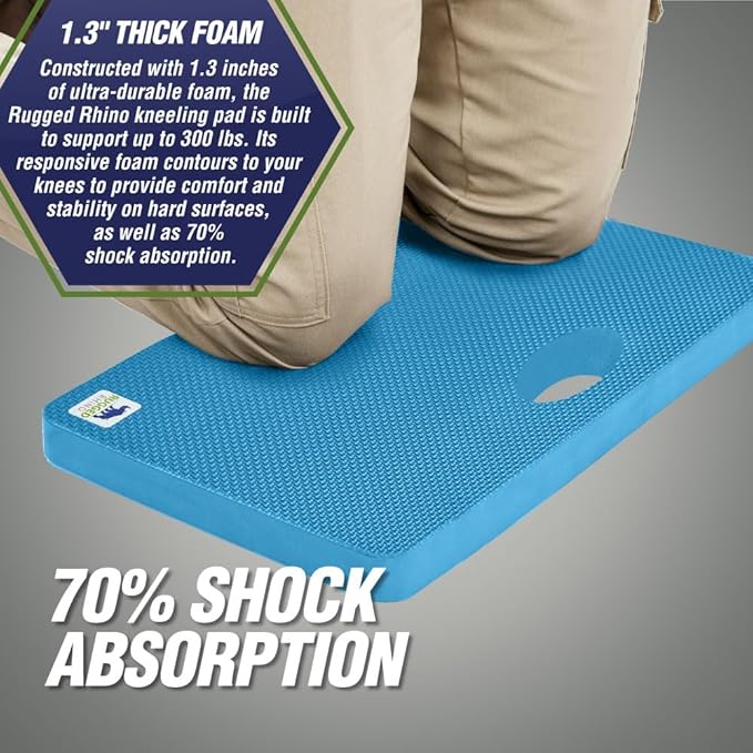 Rugged Rhino Heavy Duty Patent Pending Kneeling Pad, 2 PK, Shock Absorbent Thick Knee Pads, Holds Up to 300 lbs, Protect Knees from Hard Concrete Surfaces, for Mechanics, Gardening, Gym, Bright Blue