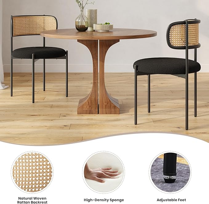 Farini Dining Chairs Set of 4,Mid-Century Modern Kitchen Chair Rattan Backrest Round Upholstered Sherpa Dining Chairs with Metal Legs,Black