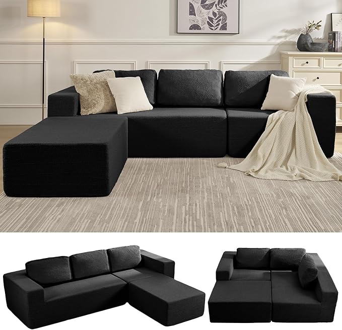 Furnify 106" Modular Sectional Couch Left/Right Facing Convertible, L-Shape Modern Teddy Sofa, Deep Seat Upholstered Foam Couch for Living Room Bedroom, No Assembly Required (Black, Teddy Boucle)