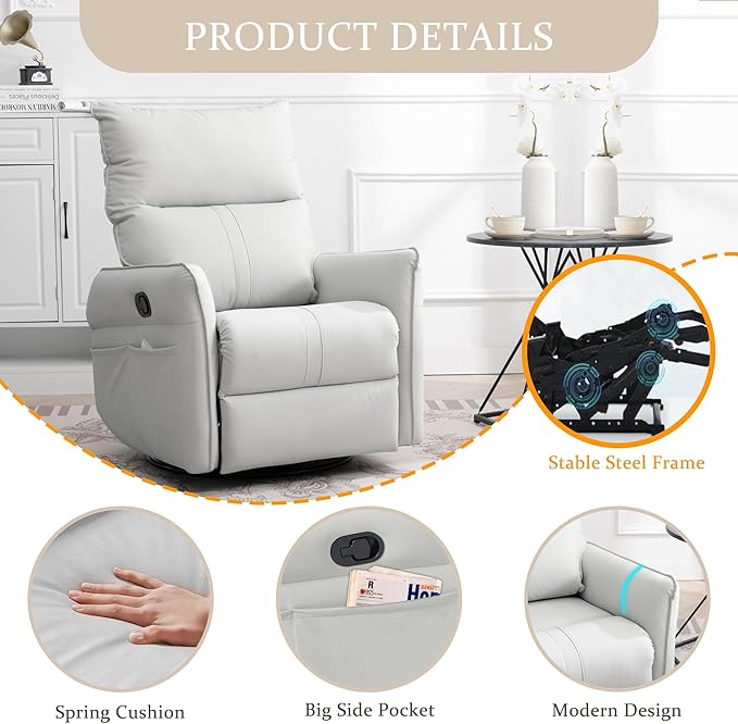 QKFF Swivel Rocker Recliner Chair, Upholstered 360° Fabric Leather Glider Rocker Chair for Nursery, Manual Small Recliners for Small Spaces Living Room Weight Capacity 300lbs