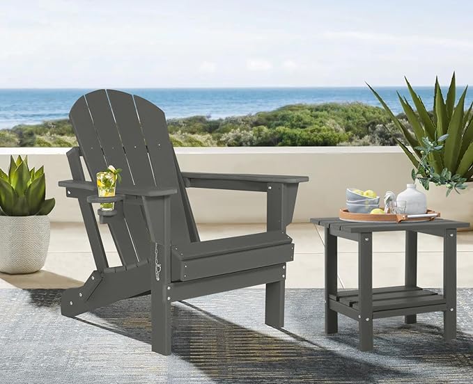 Folding Adirondack Chairs Set of 6 - Plastic Adirondack Chairs with Cup Holder, Weather Resistant for Outdoor, Patio, Lawn, Garden, Backyard Deck, Fire Pit - Dark Gray