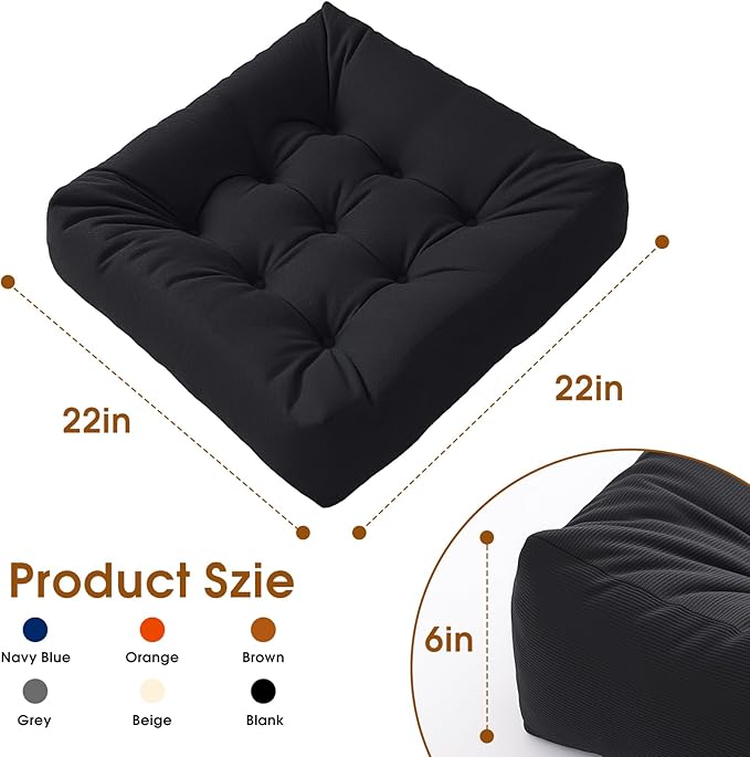 Tikuns 4Pcs Floor Pillows for Adults, 22 * 22 * 6 Inch Inch Meditation Cushions, Large Square Sitting Cushion Living Room Memory Foam Pillow for Sitting (4, Black, 22x22x6 Inch)