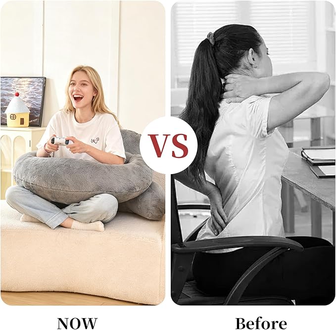 PAJEO Reading Pillow for Bed,U Shaped & Back Support Pillow for Bed,17" Backrest with Lumbar & Arm Support,Luxurious Faux Rabbit Fur,Gaming PillowFor Crochet/Reading/Watching TV,Gray