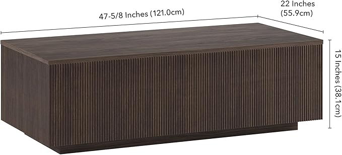 Henn&Hart 48" Fluted Rectangular Low-Profile Coffee Table for Living Room, Family Room, or Office, Alder Brown